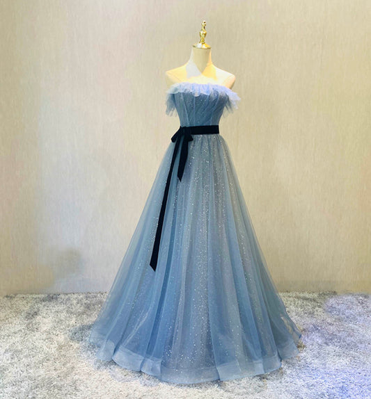 Blue tulle long prom dress blue evening dress  8607