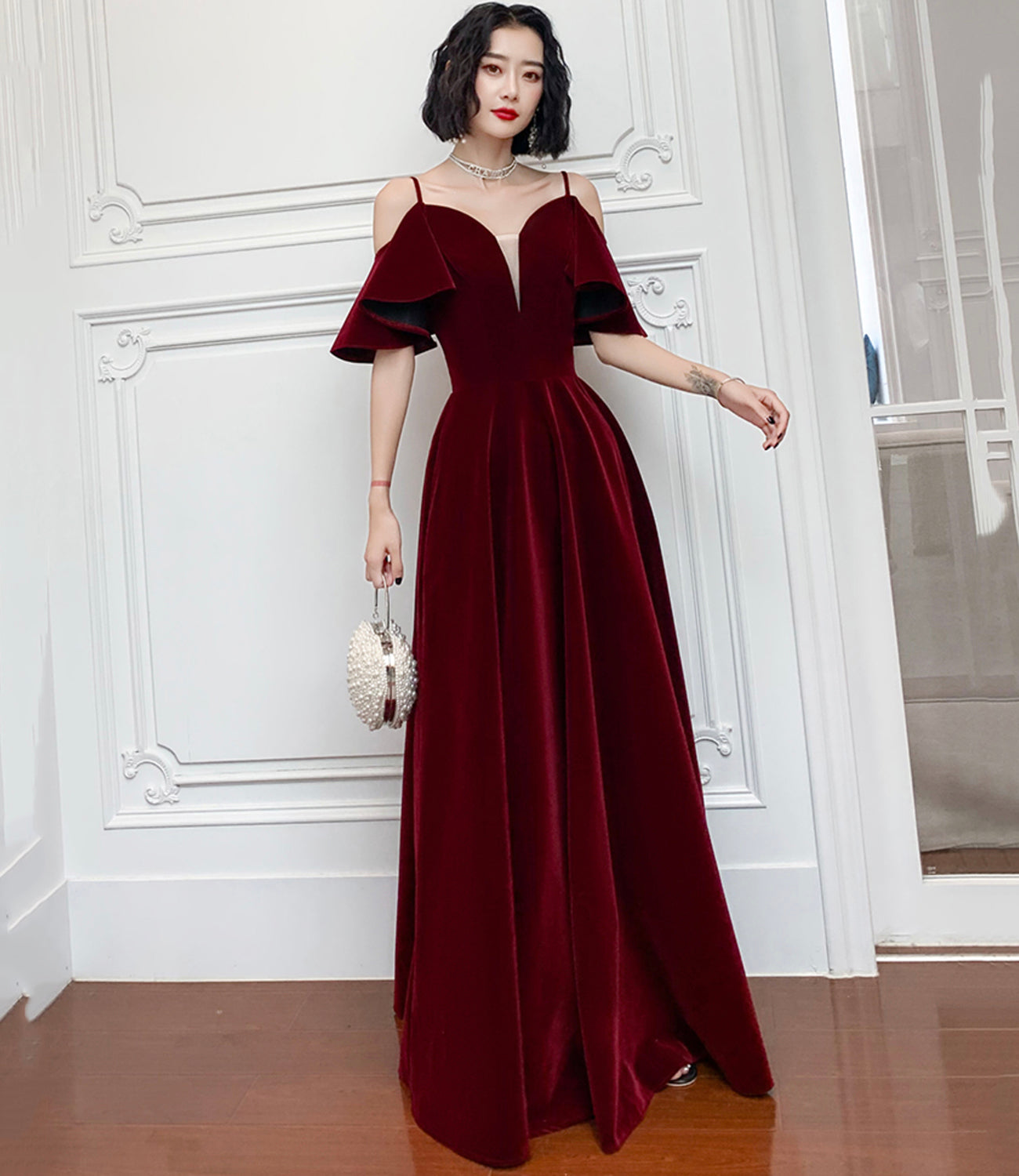 Burgundy velvet long prom dress A line evening dress  10371