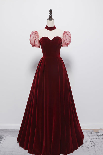 Cute velvet long prom dress burgundy A line evening dress  8652