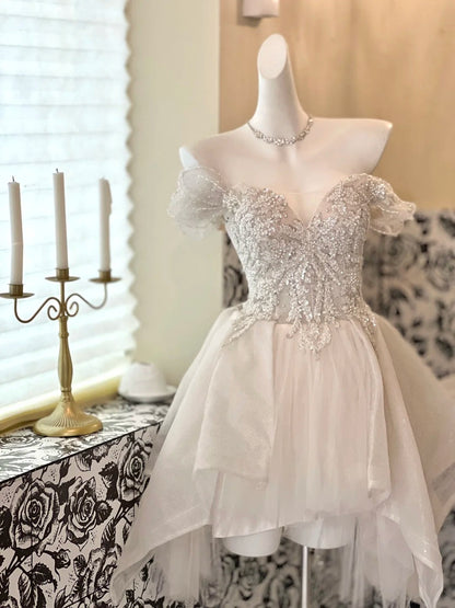 White Sparkly Beaded Short Tulle Cute Sweet Homecoming Dress Birthday Party Dress Wedding Dress gh4263