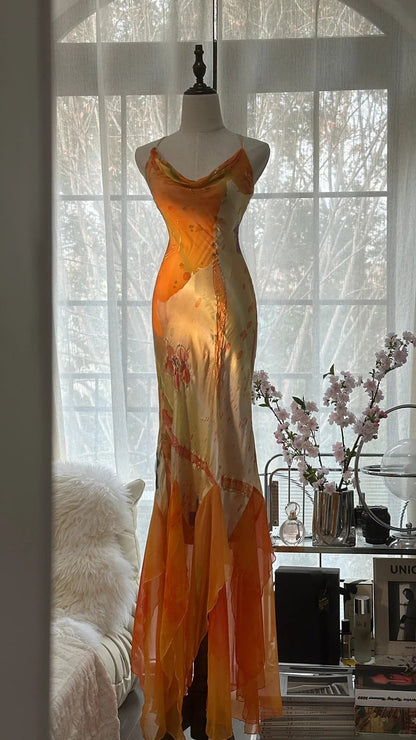 Orange Delicate Floral Spaghetti Strap Long Satin Chiffon Ball Gown Evening Dress Party Dress gh4093