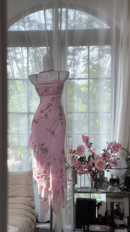 Pink Floral Beading Elegant Long Chiffon Ball Gown Evening Dress Party Dress gh4750