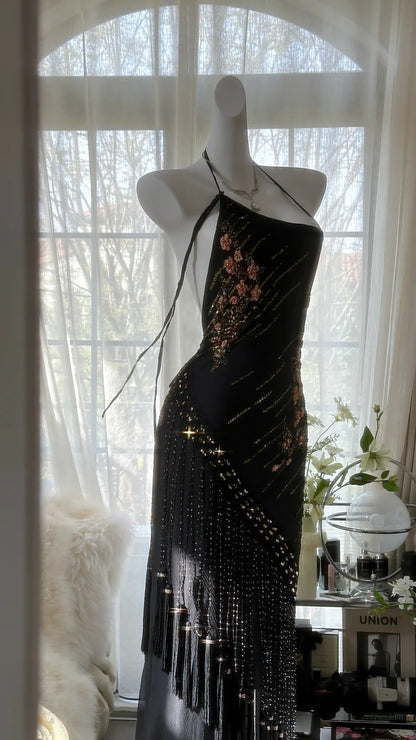 Black Vintage Fashion Delicate Floral Tassel Beaded Long Chiffon Ball Gown Birthday Party Dress Evening Gown Prom Dress gh3972