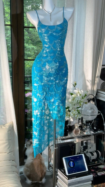 Blue Sparkling Ball Gown Long Chiffon Ball Gown Evening Gown Birthday Gown Wedding Gown gh4528