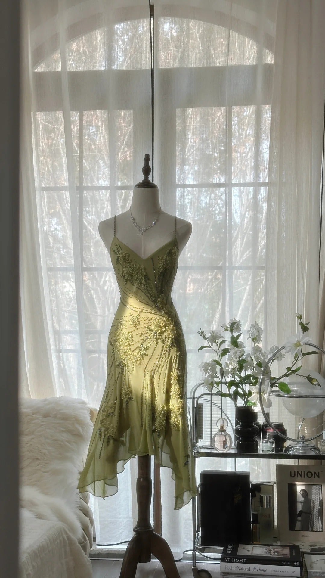 Green Romantic Fashion Elegant Delicate Floral Appliqué Beaded Spaghetti Straps Midi/Short Chiffon Ruffle Ball Gown Evening Gown Party Gown gh4060