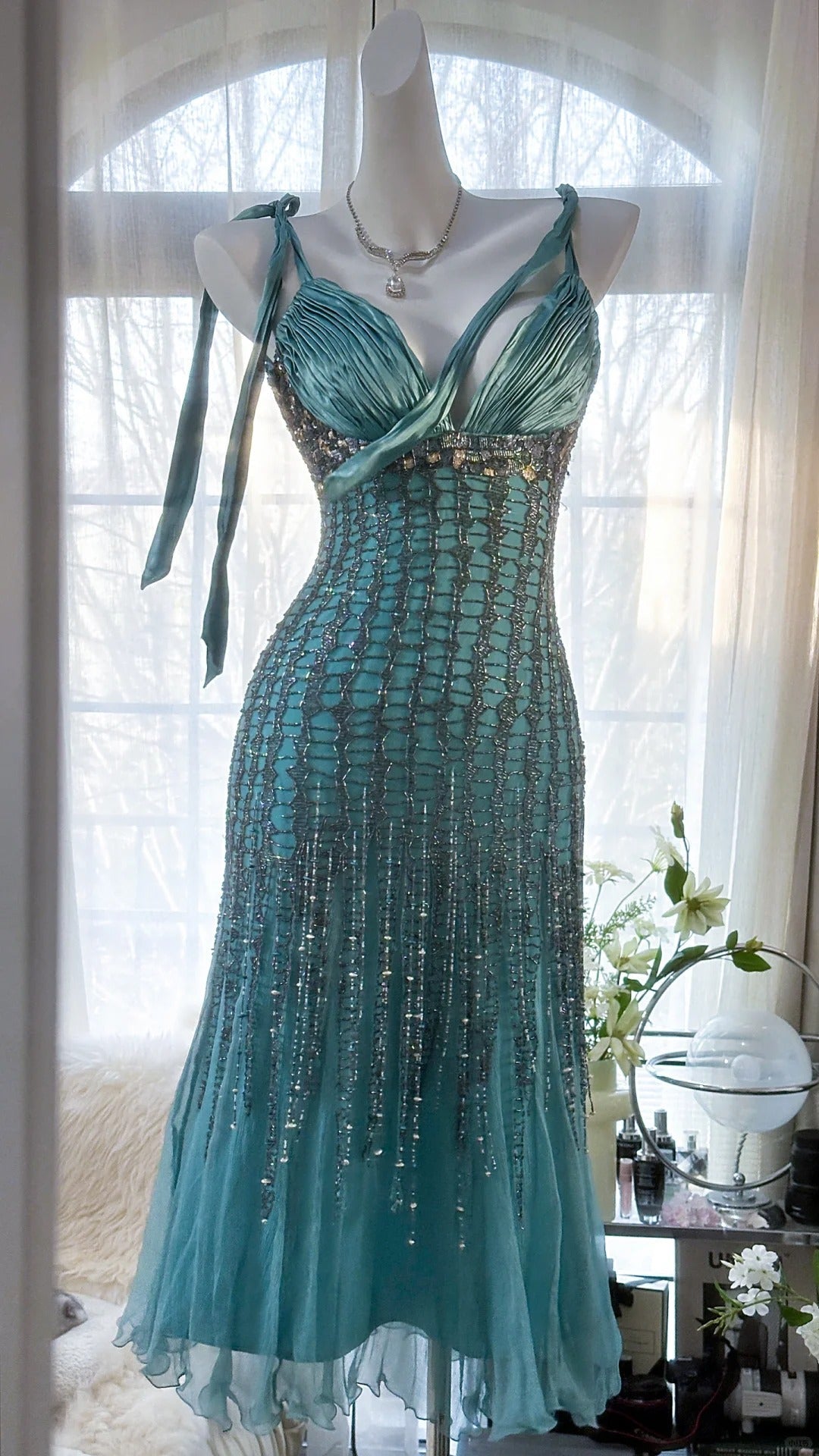 Green Luxury Gorgeous Retro Fashion Exquisite Tassel Beaded Mid-Length Chiffon Ball Gown Birthday Party Dress Evening Dress Prom Dress gh3973