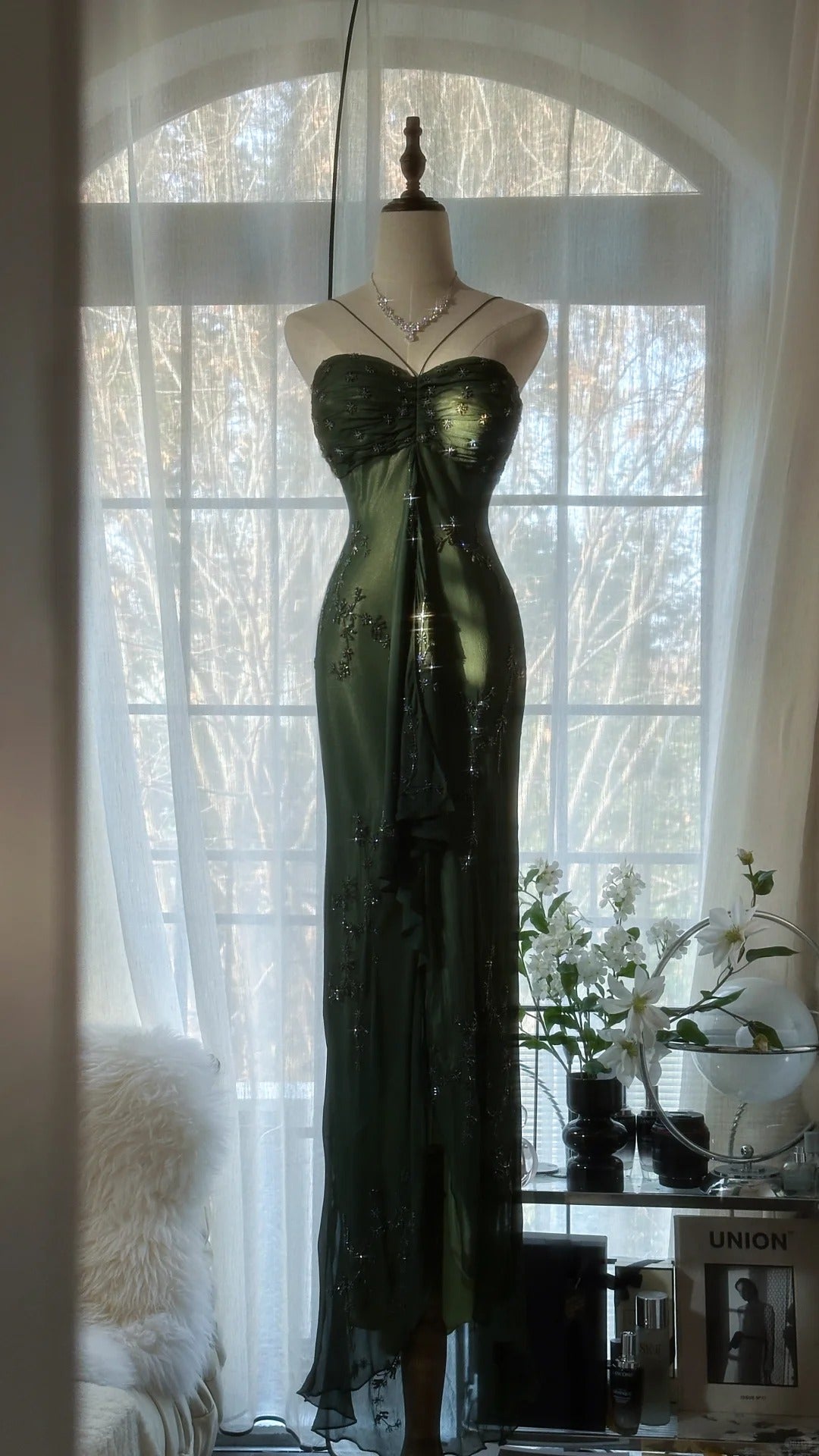Green Elegant Fashion Exquisite Beaded Strapless Long Chiffon Ball Gown Evening Dress Birthday/Holiday Party Dress Prom Dress gh4066