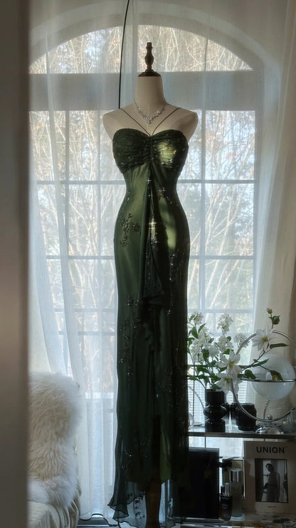 Green Elegant Fashion Exquisite Beaded Strapless Long Chiffon Ball Gown Evening Dress Birthday/Holiday Party Dress Prom Dress gh4066
