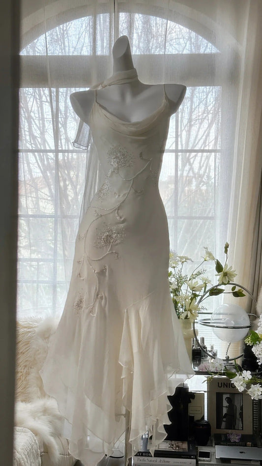 Ivory White Elegant Fashion Exquisite Floral Beading Long Chiffon Ball Gown Evening Dress Party Dress gh4006