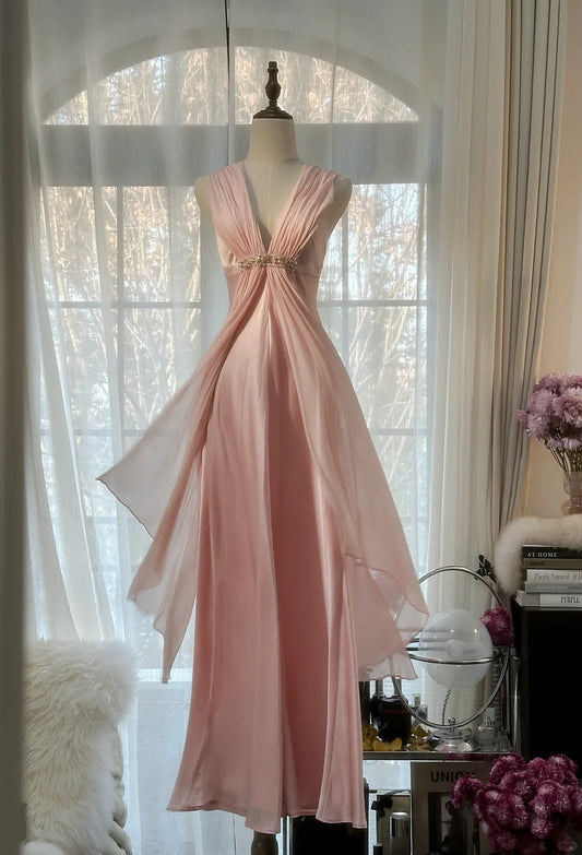 Pink Elegant Exquisite Rhinestone Long Satin Chiffon Ball Gown Evening Dress Party Dress Birthday Dress Date Dress gh4163