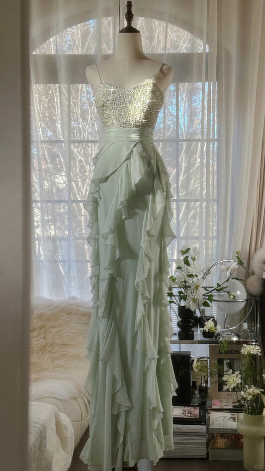 Green Shiny Gorgeous Retro Fashion Exquisite Beaded Long Sequined Chiffon mermaid slim Ball Gown Birthday Party Dress Evening Dress Prom Dress gh3975