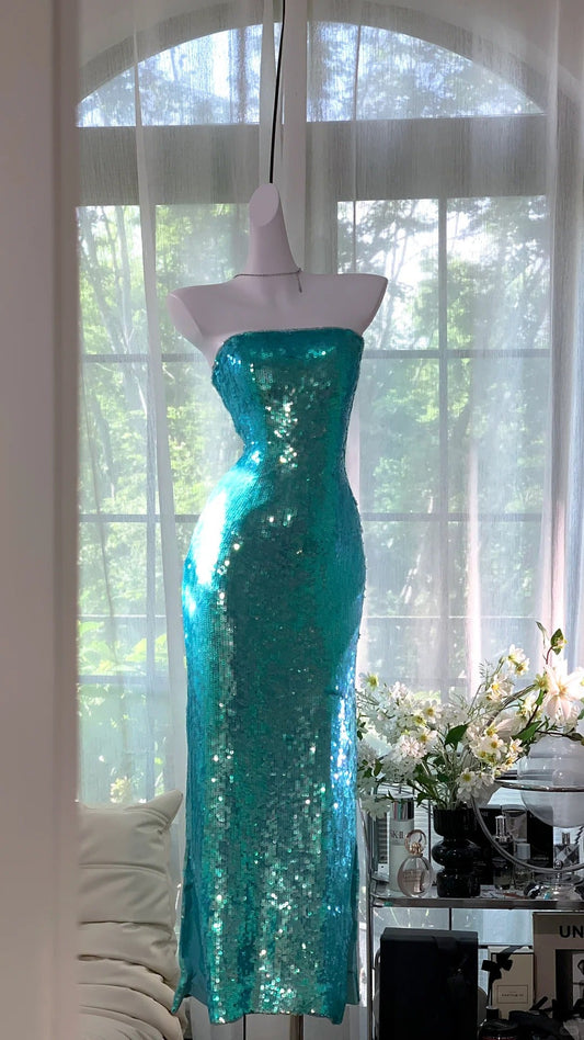 Emerald Blue Shiny Long Sequin Prom Dress Evening Dress Party Dress gh5078