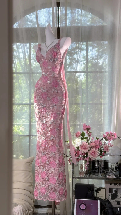 Pink floral vintage beaded lace long prom dress evening dress party dress gh4819
