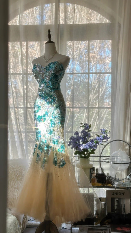 Blue Gorgeous Shiny Exquisite Beaded Long Chiffon Tulle Sequin Ball Gown Evening Gown Party Gown Birthday Gown Date Gown gh4162