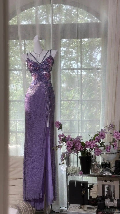 Purple Shiny Gorgeous Luxury Sequin Heavy Spaghetti Strap Long Butterfly Decoration Sequin Chiffon Ball Gown Evening Gown Party Dress gh4175