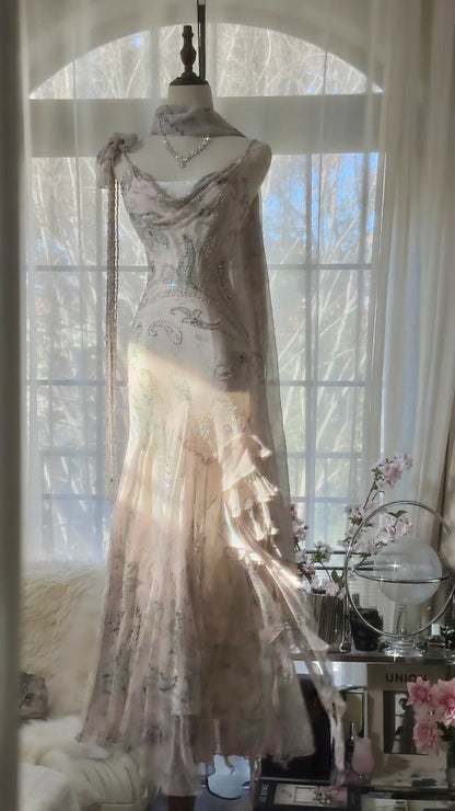 Pink Romantic Fashion Elegant Exquisite Beaded Spaghetti Straps Long Tulle Chiffon Ruffle Ball Gown Evening Dress Party Dress gh4057