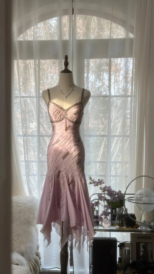 Pale Pink Elegant Fashion Sophisticated Beaded Sweetheart Neck Spaghetti Straps Long Chiffon Ruffled Homecoming Dress Prom Dress Evening Dress Birthday/Vacation Party Dress Prom Dress gh4067