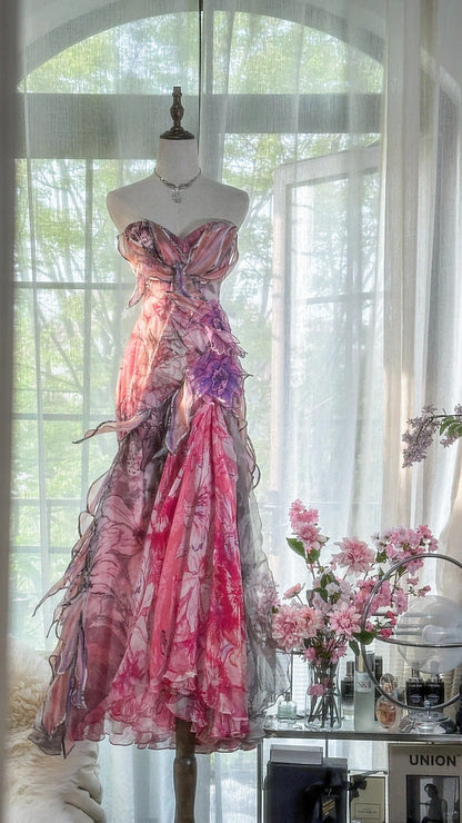 Pink Elegant Romantic Exquisite Floral Long Chiffon Ball Gown Evening Dress Party Dress Prom Dress gh4003