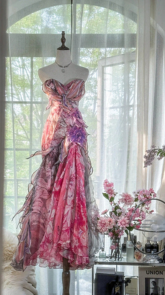 Pink Elegant Romantic Exquisite Floral Long Chiffon Ball Gown Evening Dress Party Dress Prom Dress gh4003