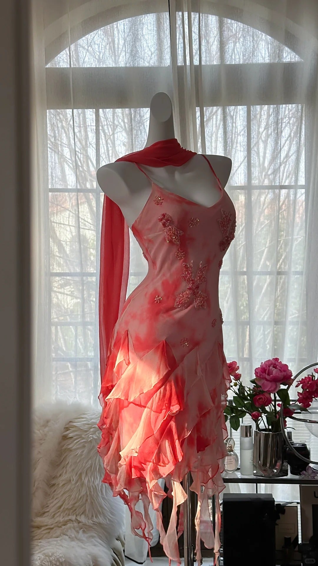 Pink Romantic Elegant Exquisite Floral Beaded Backless Short Chiffon Ruffle Homecoming Dress Ball Gown Evening Dress Birthday Holiday Party Dress Prom Dress gh4011
