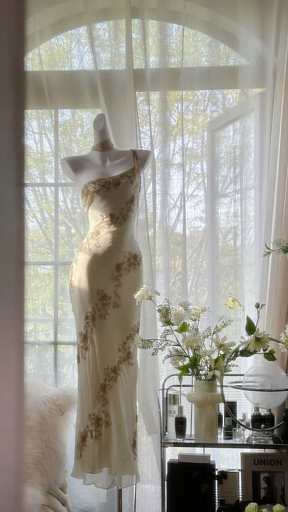 Ivory White Vintage Fashion One Shoulder Exquisite Beaded Long Chiffon Ball Gown Birthday Party Dress Cocktail Party Dress Evening Dress Prom Dress gh3971