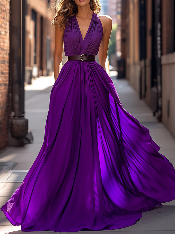 Elegant Plain Gathered V Neck Floor Length Dress No Belt