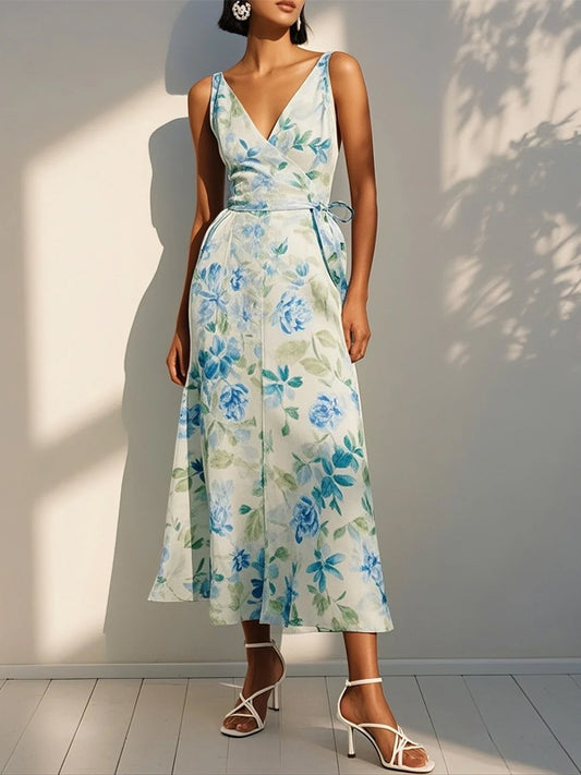 Green Floral Classic V Neck Sleeveless A-Line Midi Dress