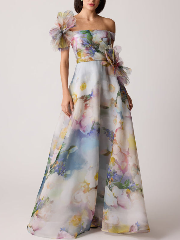 Organza Watercolor Off Shoulder 3D Flower Gown