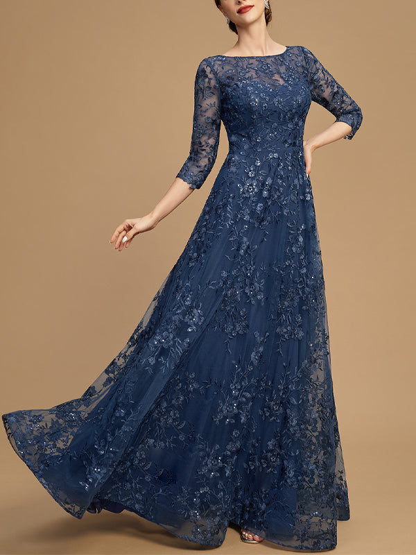 Round Neck Lace Long Sleeve Solid Color Maxi Dress