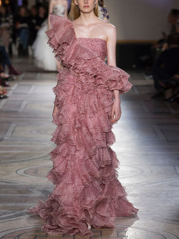 Pink One Shoulder Print Maxi Dress