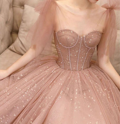 Pink Shiny Sweet A-Line Long Elegant Halter Neck Ball Gown Evening Dress gh3294