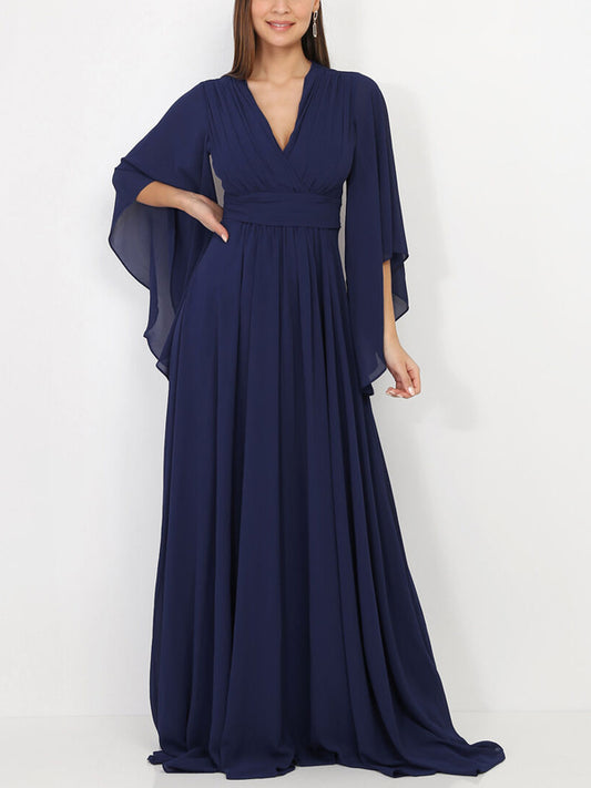 V-neck Solid Chiffon Maxi Dress