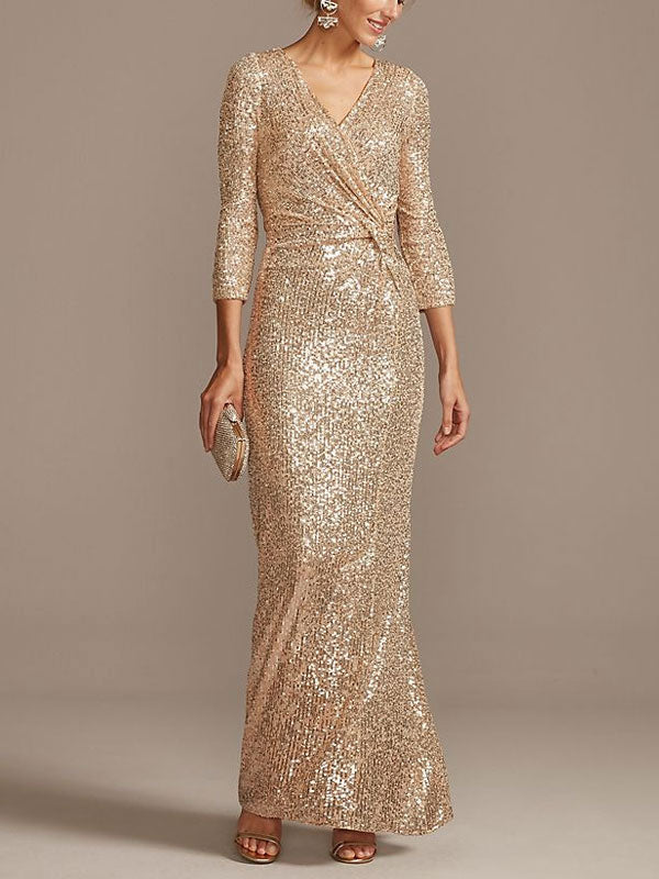 sequin 3/4 sleeve wrap front dress with twist