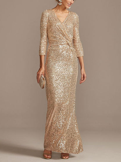 sequin 3/4 sleeve wrap front dress with twist