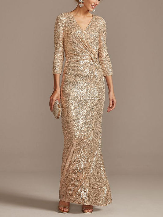 sequin 3/4 sleeve wrap front dress with twist