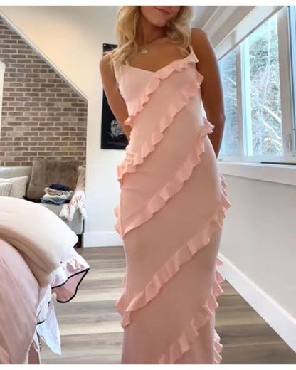 Pink Fashion Elegant Spaghetti Strap Long Mermaid Chiffon prom dress Ball Gown Evening Dress Party Dress gh3370