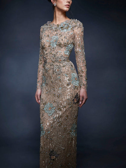 Round Neck Lace Long Sleeves Maxi Dress