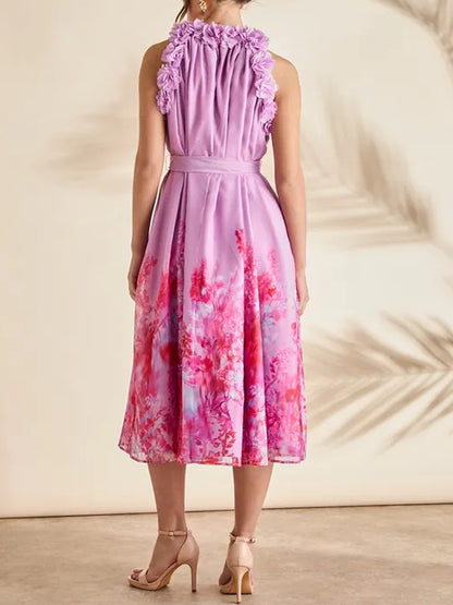 Floral Edge Printed Trapeze Midi Holiday Dress
