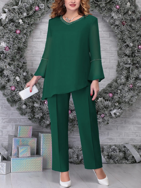 V-Neck Solid Color Hem Irregular Top And Trousers Suit