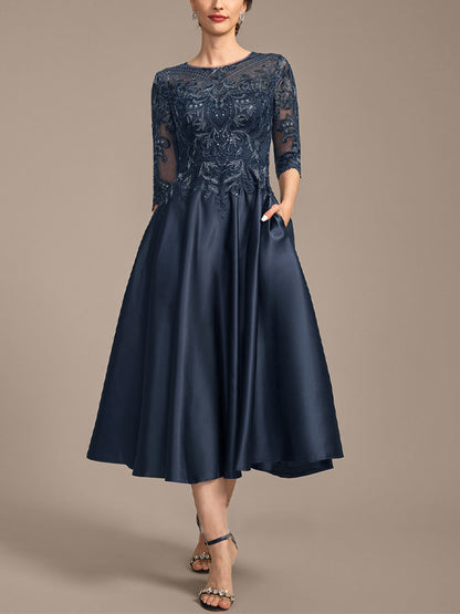 Round Neck Short Sleeve Lace Sequin Solid Color Midi Dress