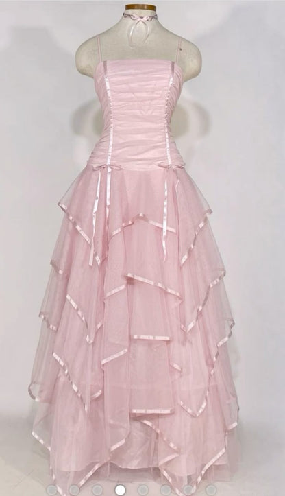 Pink Vintage A Line Spaghetti Straps Layered Tulle Prom Dress Party Dress SH3662