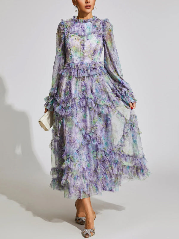 Mesh Printed Long Sleeves Maxi Dress