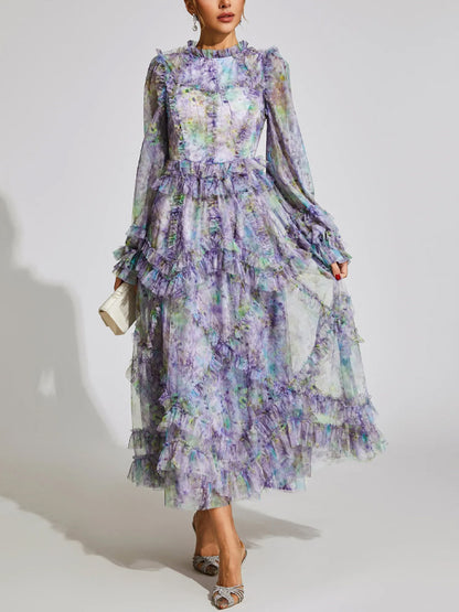 Mesh Printed Long Sleeves Maxi Dress