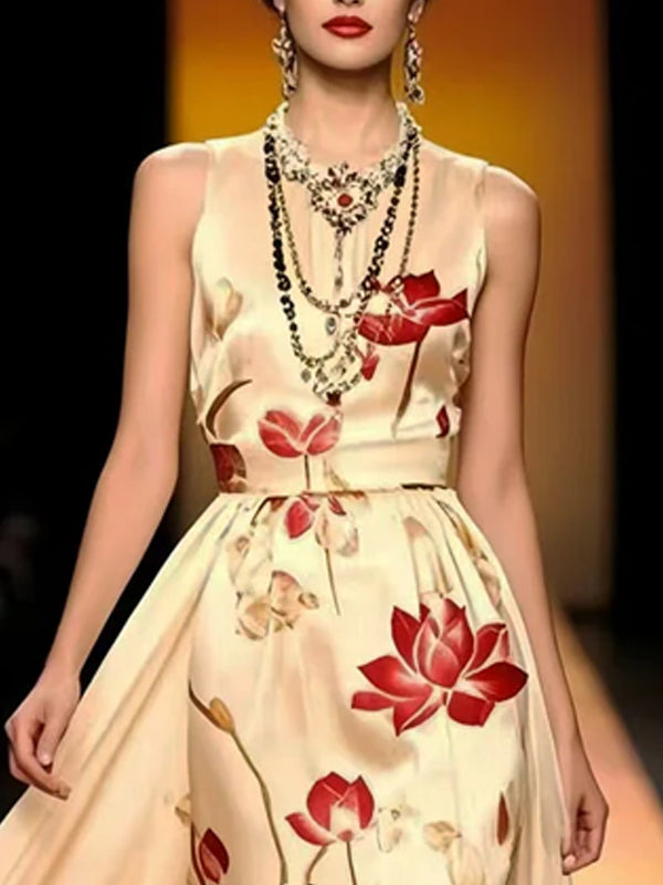 Exquisite Printed High Waist Silk Dress