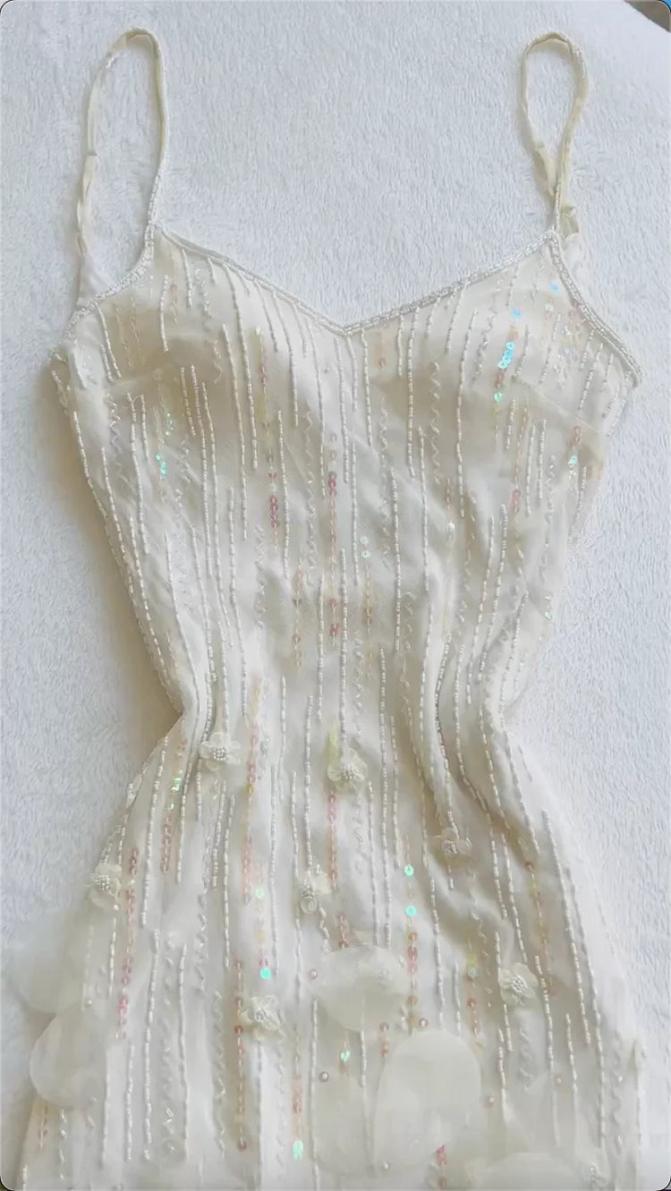 Gorgeous A Line Spaghetti Strap Beaded Sequin Ivory Chiffon Prom Dress Evening Dress SH2245