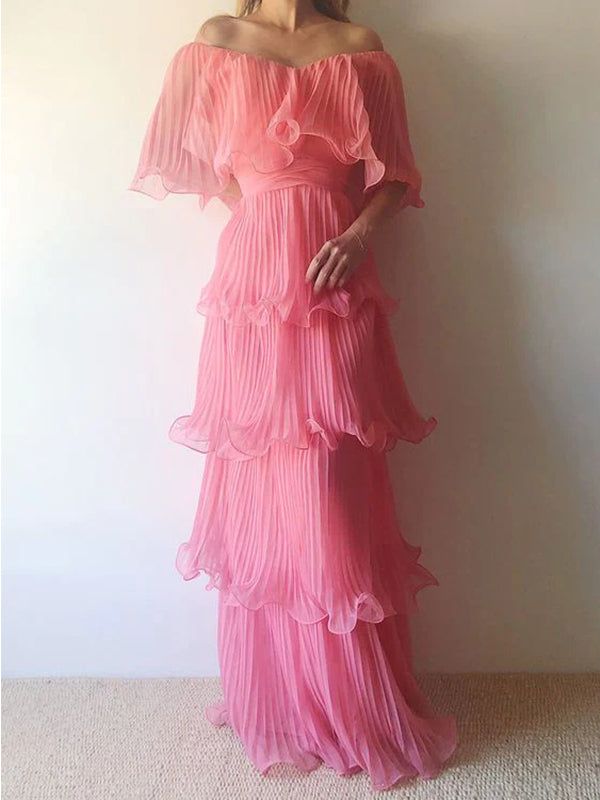 Pink Layered Chiffon A Line V Neck Simple Long Party Dress Evening Dress 18 Birthday Dress SH3624