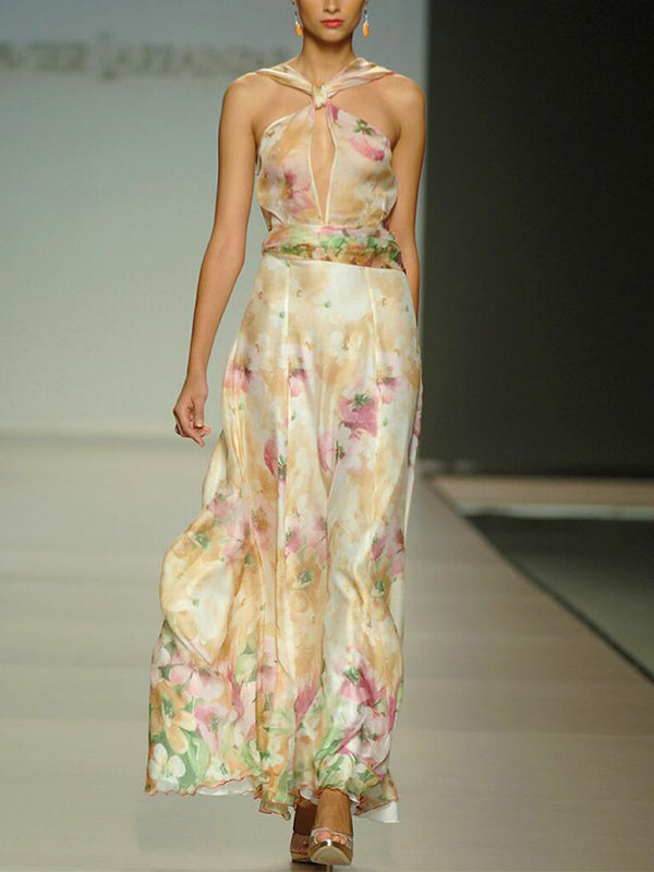 Colorful Cross-strap Print Maxi Dress