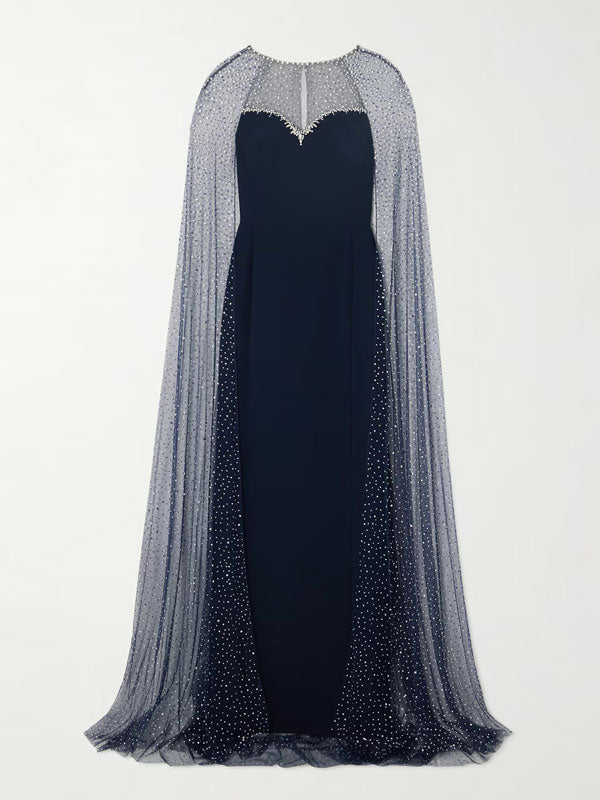 Cordelia Cape-effect Crystal-embellished Tulle and Stretch-crepe Gown