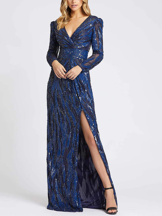 V-neck Sequined Long Sleeves Maxi Dress