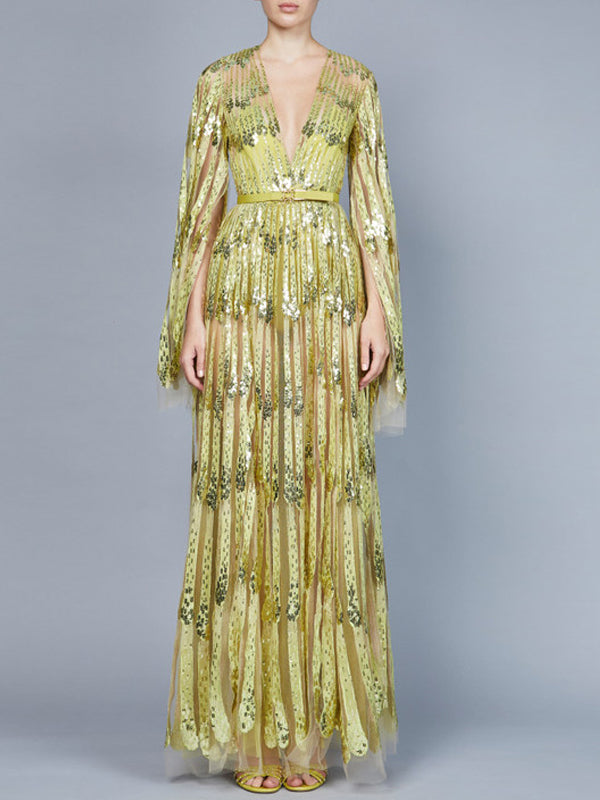 V-neck Lace Solid Color Long Sleeves Maxi Dress